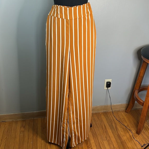Orange and White Striped Scrunch Waist Flare Leg Pants - Picture 3 of 3